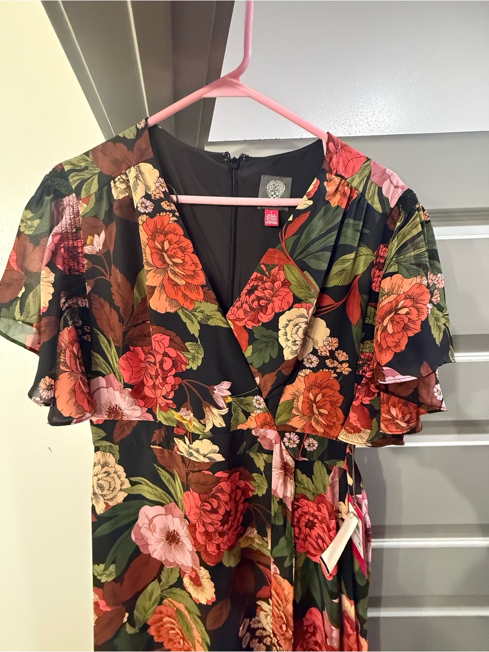 Vince Camuto Black Floral Wrap Midi Dress with Red, Pink & Green Bloom